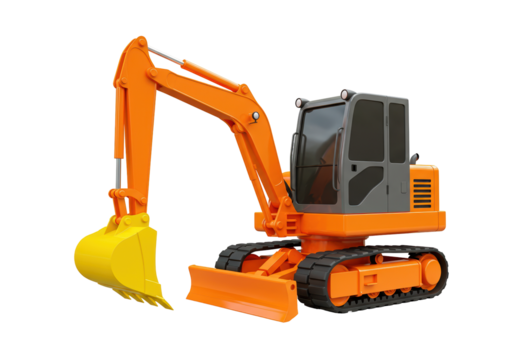 Orange excavator with yellow bucket isolated on transparent PNG, construction equipment for building