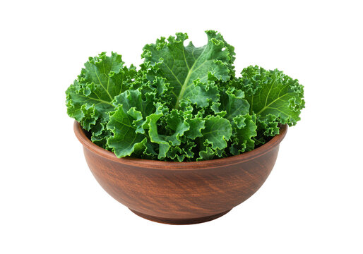 Fresh green curly kale in a brown bowl isolated on a clean background, healthy eating
