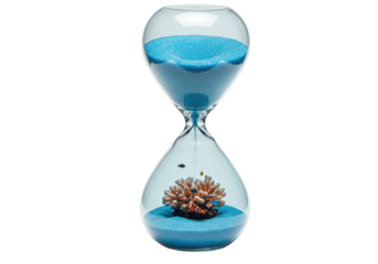 Hourglass with blue sand and coral reef with clownfish isolated, time concept