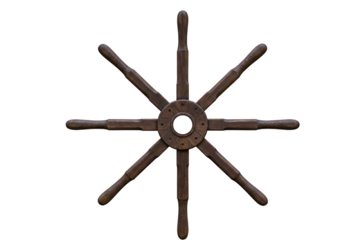Wooden ship wheel isolated on transparent background, nautical steering wheel PNG - Powered by Adobe