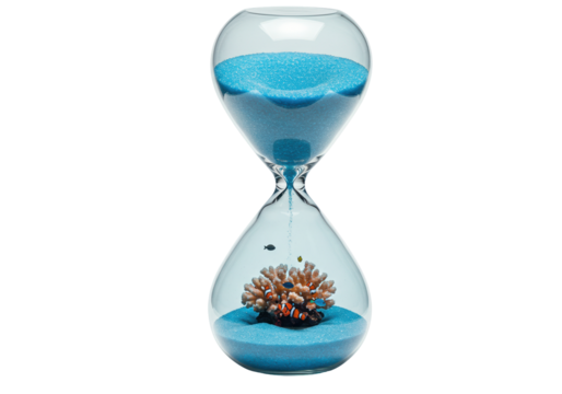 Hourglass with blue sand and coral reef with clownfish isolated, time concept