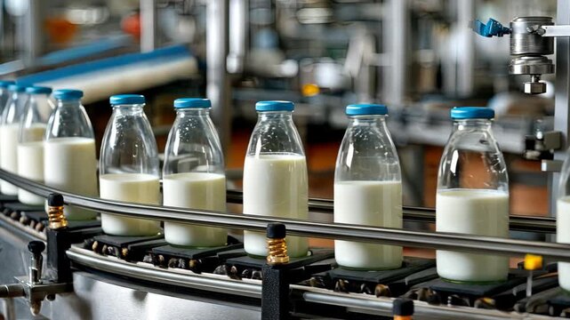 Milk bottles on a conveyor belt in a dairy processing factory showcasing an efficient production line