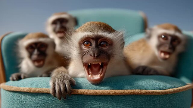 Group of Laughing Monkeys Sitting on Blue Sofa