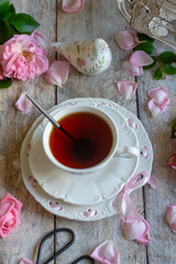 A cup of aromatic tea, a book and a rose on the table.