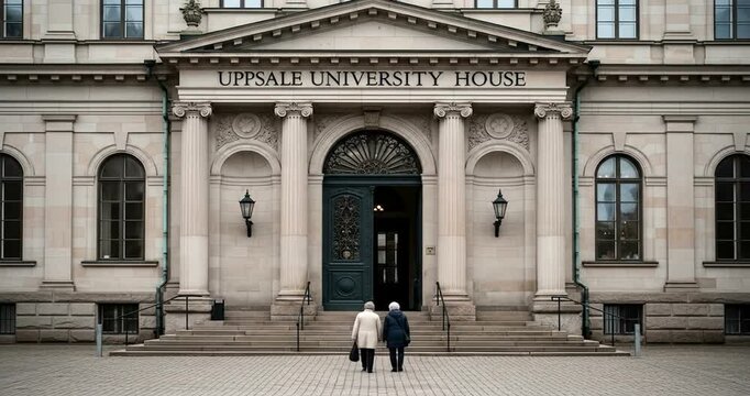 Two individuals walking towards Uppsala University House with historic architecture