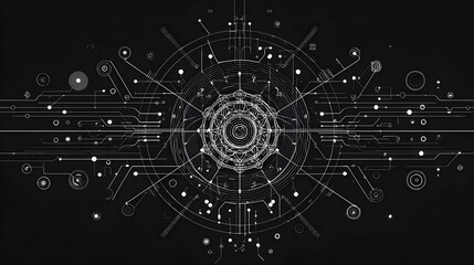Abstract futuristic interface with circular geometric elements and digital lines on black background representing technology visualization
