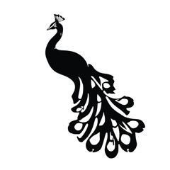 Black silhouette of a peacock with ornate tail feathers