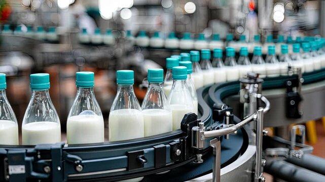 Bottling process of fresh milk in a modern dairy factory with automated machinery operating efficiently