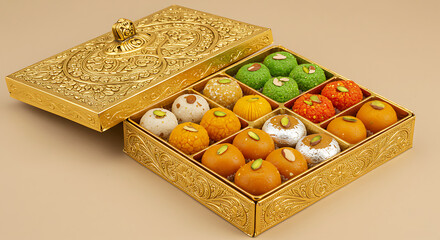 Luxury Diwali Sweets Gift Pack in Ornate Gold Box Featuring Silver Topped Mithai and Kaju Katli Traditional Indian Hospitality and Festival Celebration Treat Assortment for Corporate Gifting