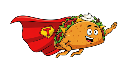 A cheerful cartoon taco character with a red cape, flying through the air, ready to save the day.