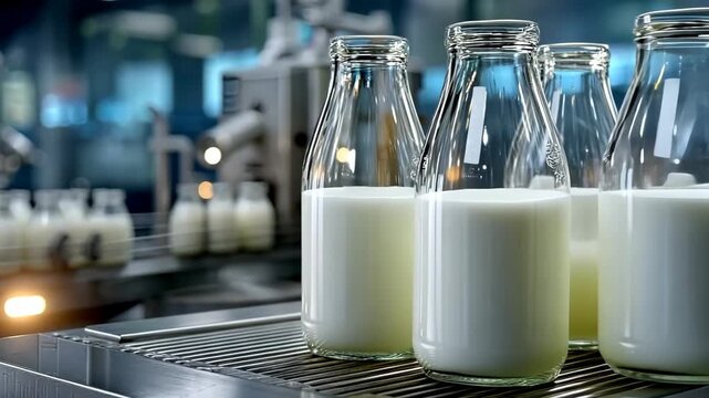 Milk bottles sit on a conveyor belt in a processing plant during production at a dairy facility in the early morning hours