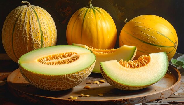 Freshly Cut and Whole Cantaloupe Melons on a Wooden Tray, Healthy Eating