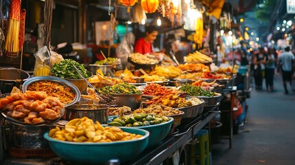 A vibrant street food vendor displays an array of colorful dishes in a bustling outdoor market setting