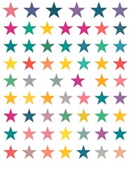 A grid of vibrant five-pointed stars of various bright colors