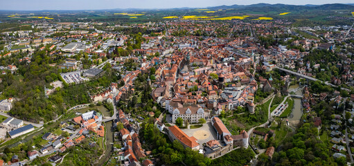 Aerial view around the old town of the city Bautzen in Germany on a sunny spring day