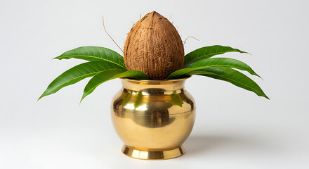 Traditional Hindu Kalash Brass Pot with Mango Leaves and Coconut Symbolic Decoration for Pooja Festivals and Auspicious Occasions in Indian Culture Isolated on White Background
