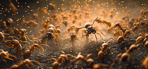 A swarm of ants crawling on dark ground with a blurred background and golden particle effects overhead