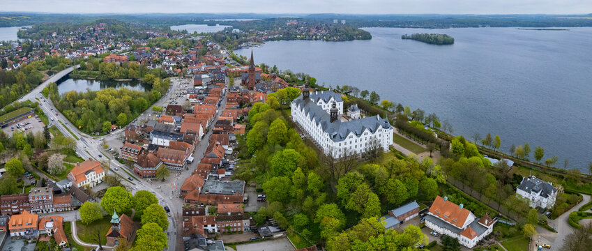 Aerial view around the old town of Pl&ouml;n in north Germany on a cloudy autumn day