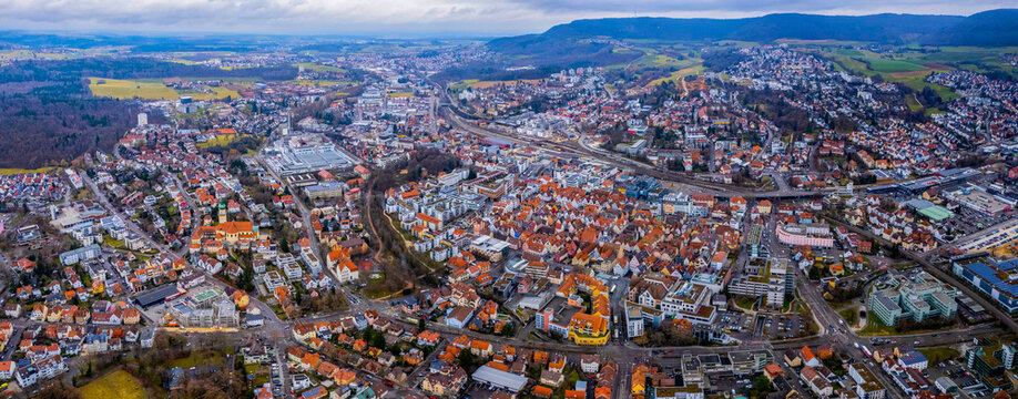 Aerial view around the old town of Aalen in Germany on a cloudy autumn day