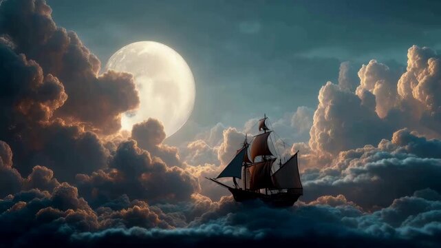 Sailing Ship Navigates Dreamy Moonlit Cloud Sea