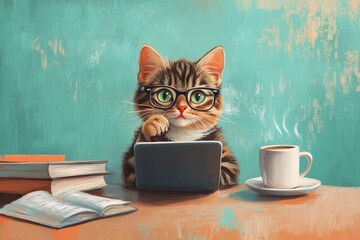 Cute tabby cat with glasses using tablet in cozy study