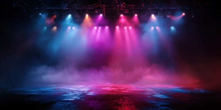 Dynamic stage lighting with vibrant pink and blue spotlights illuminating smoky atmosphere creating an electrifying concert or event ambiance