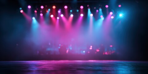 Vibrant stage lights illuminate a smoky, atmospheric performance space, creating an electric mood for concerts and events.