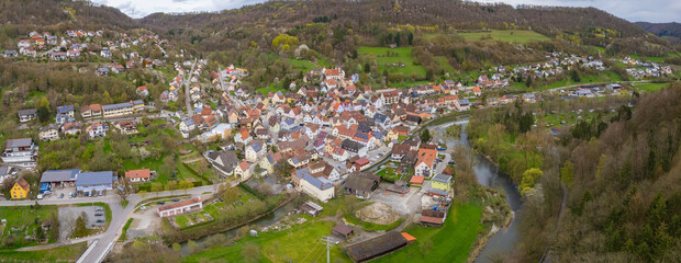 Aerial view around the old town of Illschwang in Germany on a sunny autumn day