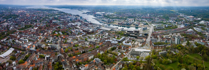 Aerial view around the old harbour town of Kiel in Germany on a cloudy autumn day