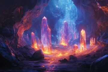 Glowing crystals in mystical underground cave