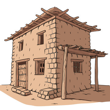 Ancient adobe house with thatched roof and wooden porch