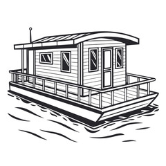 Obraz premium Black and white vector illustration of a houseboat on water