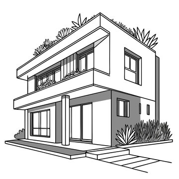 Black and white vector illustration of a modern duplex house with rooftop plants