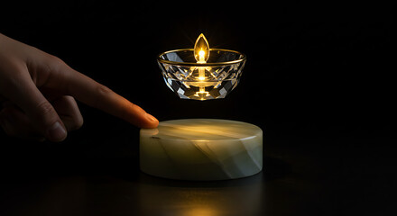 Futuristic Levitating Glass Oil Lamp or Diya with Glowing Flame Hovering Above a Marble Base Modern Tech Interpretation of Traditional Diwali Light and Spirituality for Luxury Home Decor