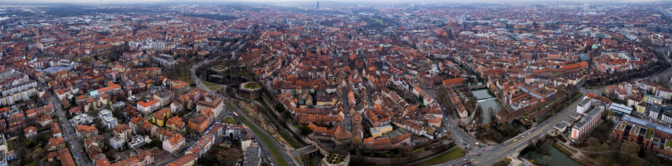 Aerial view around the old town of Nuremberg in Germany on a cloudy autumn day