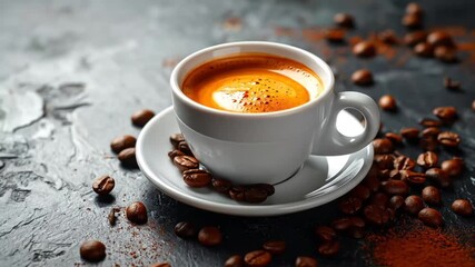Aromatic coffee drink in white cup with roasted beans arranged on a stone table background - Powered by Adobe