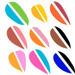 Nine abstract teardrop-shaped icons are depicted, each divided by a narrow, white diagonal line