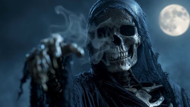 A skeleton covered in dried skin and dressed in a black cloak points a finger in front of him towards the viewer. Skeleton-death on the background of a full moon looks ahead, portrait. Halloween