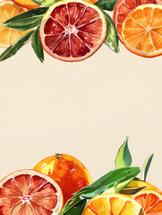 Colorful citrus fruits arranged with green leaves on a light background, perfect for a fresh and vibrant design element