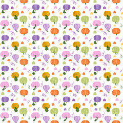 Seamless fall pattern with multicolored pumpkins, hearts, and curling vines in a cute and playful style. Perfect for seasonal textiles, packaging, wrapping paper, children’s decor and craft projects