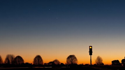 Twilight, silhouette trees, stoplight