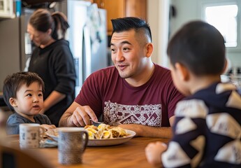 A man and two children eating at a table in a kitchen with a woman in the background