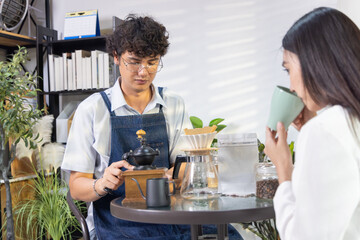 Fototapeta premium Man brewing pour over coffee at home