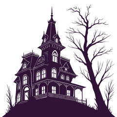 Dark Victorian Mansion Silhouette with Bare Trees haunted house