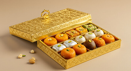 Luxury Gold Box of Assorted Indian Sweets Mithai Featuring Ladoo and Pedha for Diwali Festival Celebration Traditional Gift for Weddings and Festive Occasions in India Gourmet Confectionery