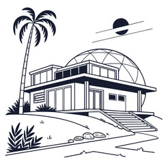 Futuristic dome villa with palm tree and abstract sun © leptop