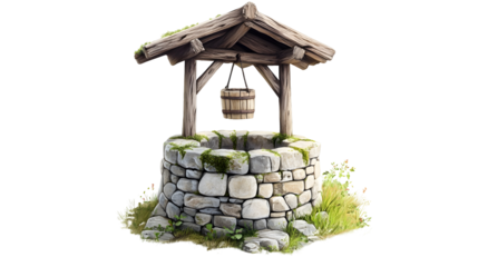 Rustic stone well with moss and wooden bucket in a tranquil garden setting