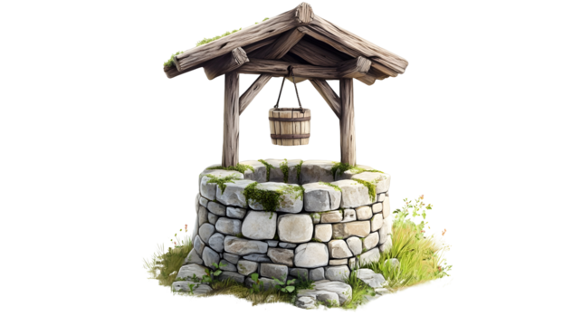 Rustic stone well with moss and wooden bucket in a tranquil garden setting