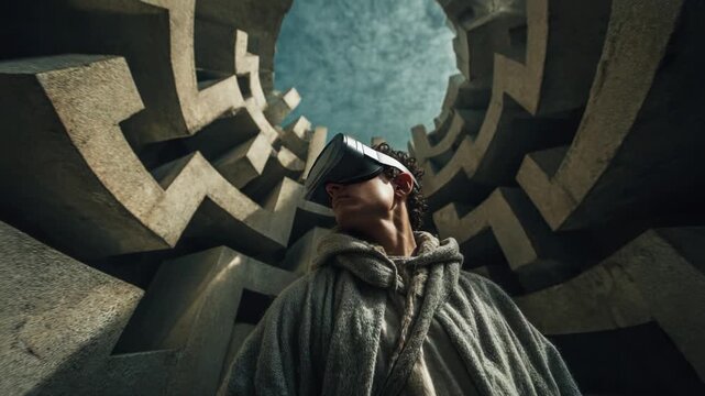 Immersive Experience in a Surreal Environment: A User Engaged in Virtual Reality Exploration Amidst an Intricate Geometric Structure, Captivating Imagination and Technology Intertwined