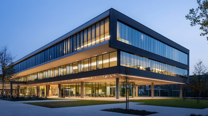 Experience the sleek, illuminated modern corporate office building at twilight, showcasing impressive glass architecture for a professional business environment.